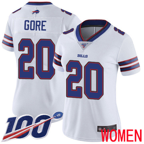 Women Buffalo Bills #20 Frank Gore White Vapor Untouchable Limited Player 100th Season NFL Jersey->women nfl jersey->Women Jersey